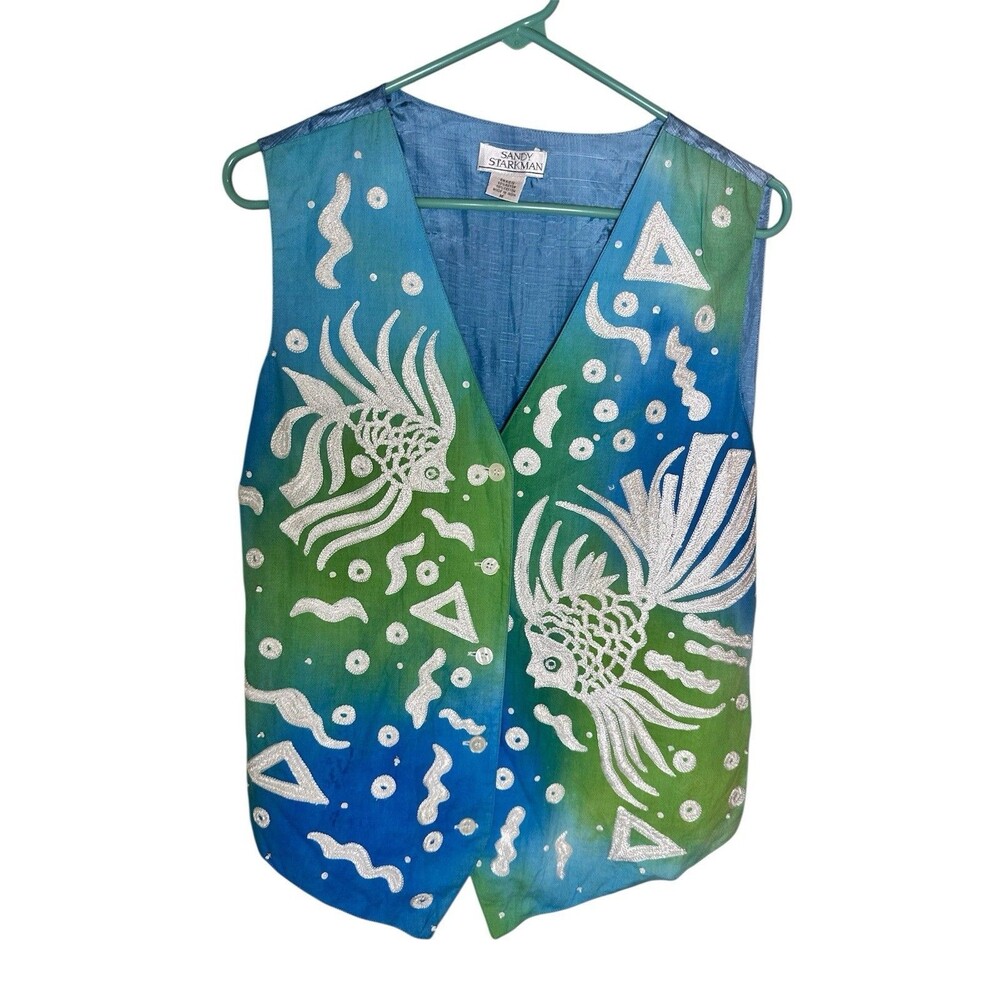 Sandy Starkman Button Up Vest Coastal Fish Ocean Embroidered Embellishment Sz M